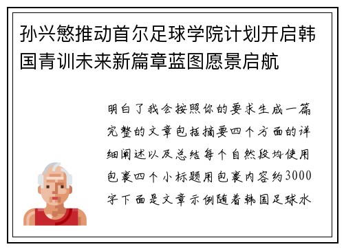 孙兴慜推动首尔足球学院计划开启韩国青训未来新篇章蓝图愿景启航