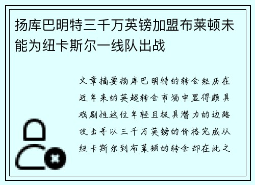 扬库巴明特三千万英镑加盟布莱顿未能为纽卡斯尔一线队出战 扬库巴明特三千万英镑加盟布莱顿未能为纽卡斯尔一线队出战