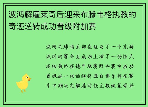 波鸿解雇莱奇后迎来布滕韦格执教的奇迹逆转成功晋级附加赛